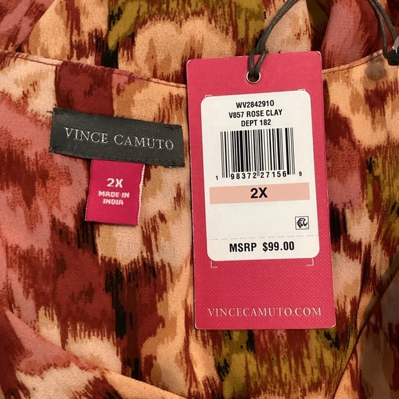 Vince Camuto 2X Rose Clay Floral Blouse Bell Sleeve Chiffon V-Neck Pink Red - Picture 6 of 7